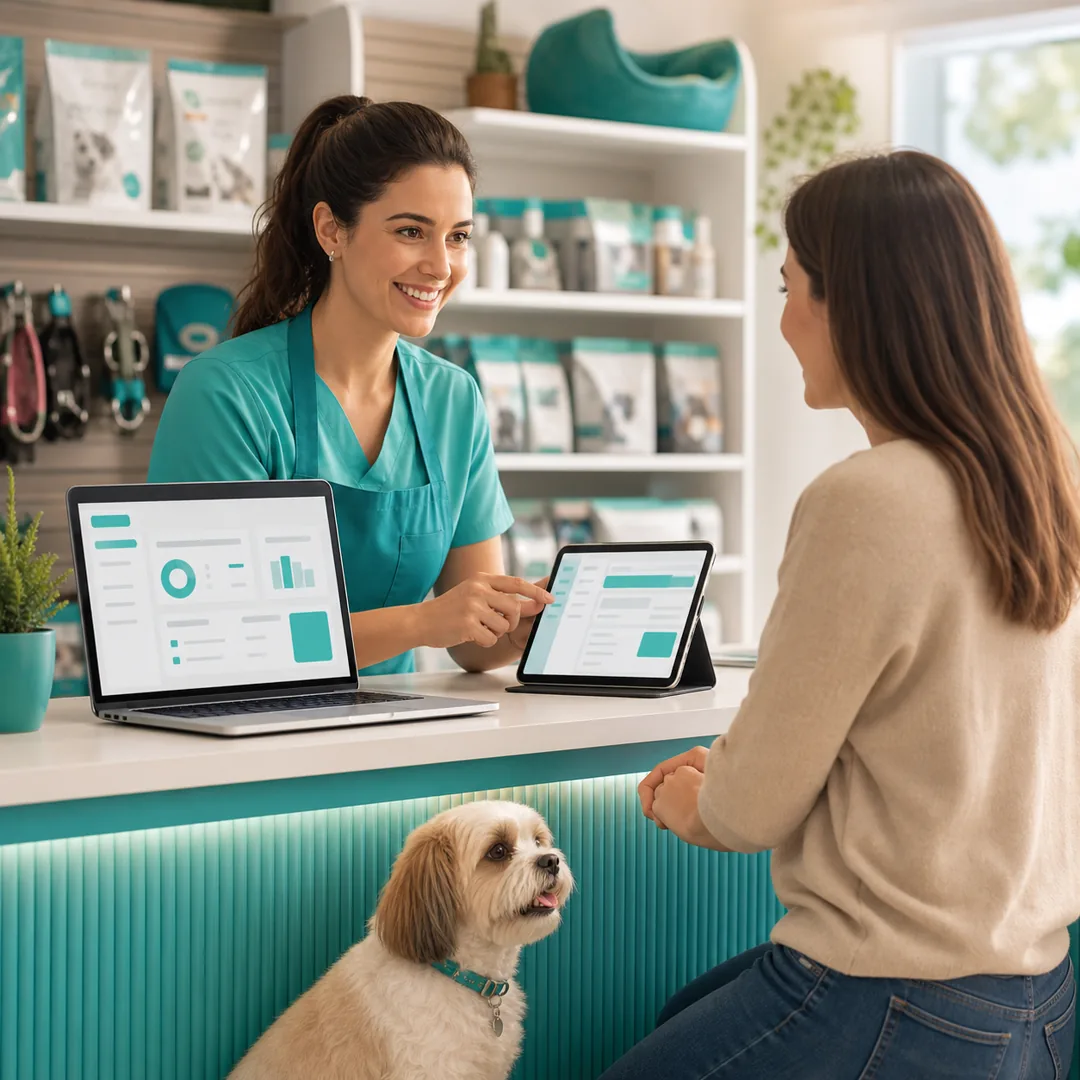 Atendimento em petshop com tela de sistema de gestao